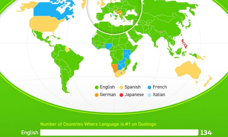Infographic: “Ranked: Duolingo’s Most Popular Languages in Every Country in 2024”