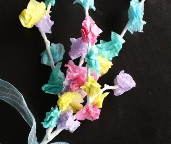 Spring Centerpiece with Twigs and Tissue Paper