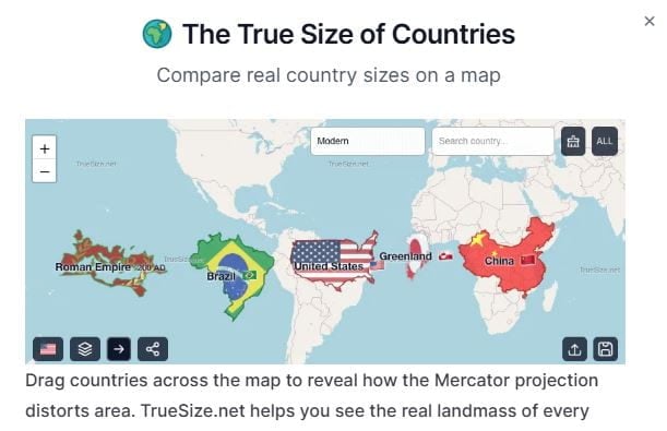 “TrueSize.net” Compares The Size Of Countries & Also Historical Empires